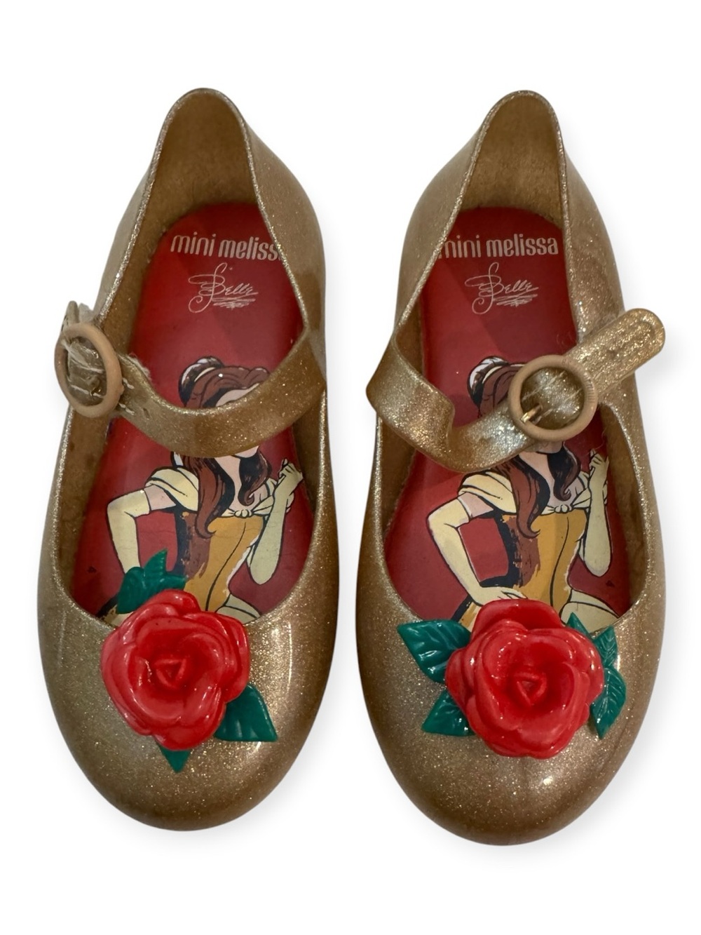 Mini Melissa x Disney Belle Gold Glitter Rose Mary Jane Shoes Toddler 9